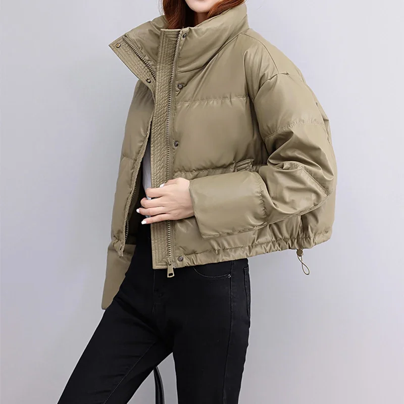 Winter Women Cotton-padded Jacket Casual Mock Neck Thickened Down Coat Single Breasted Pocket Warm Loose Vintage Short Cardigan