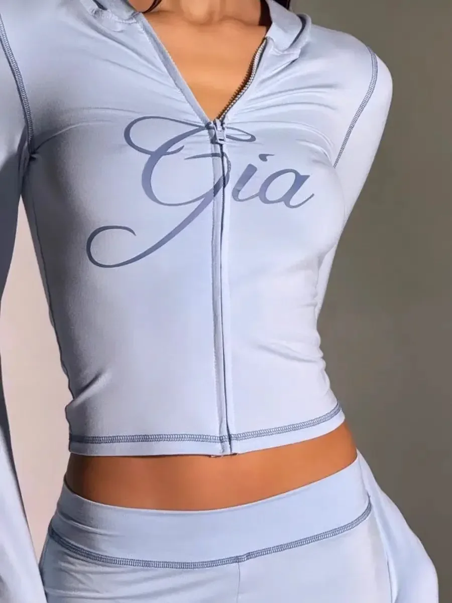 blue cotton zipper hooded long sleeved high stretch top low waist micro flared pants for women 2025