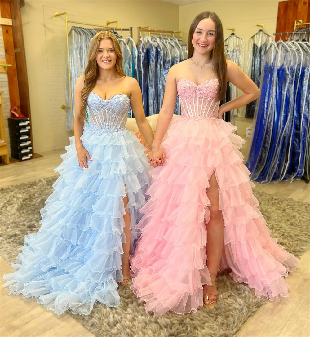 Amanda Customized Strapless Multilayer Pleats Appliques Prom Dress A-Line Side Split vestidos de noche Sleeveless Formal Evening