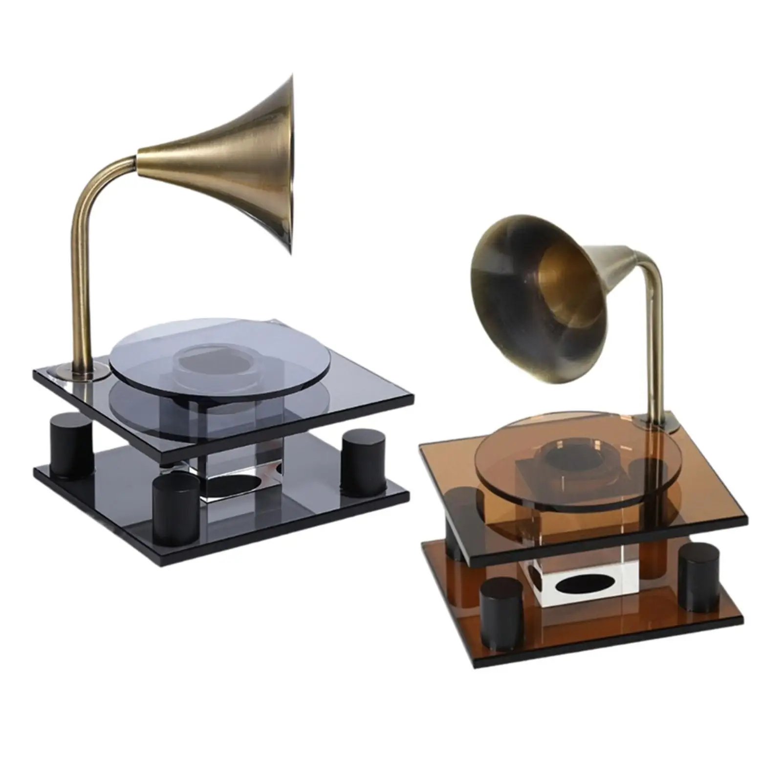 Phonograph Sculpture Metal Glass Sculpture Bookshelf Decor Gramophone Player Ornament for Bedroom Cafe Living Room Desktop Decor