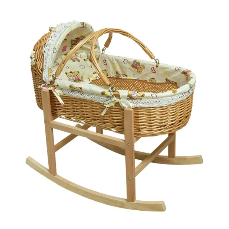 Rattan Cradle Wooden Newborn  Crib Bed Mosquito Baby Sleeping Basket Portable Trolley Baby Cot Bed Nursery Baby Bassinet