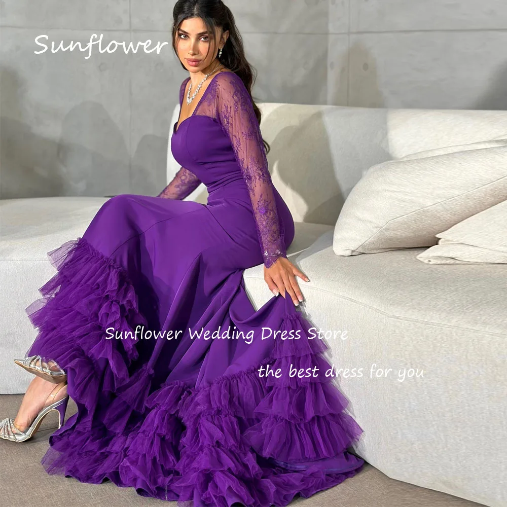 Sunflower Purple Sweetheart Crepe Prom dress 2024 Slim Lace Long Sleeve Evening Dress Zipper Up Tiered Mermaid Party Dress