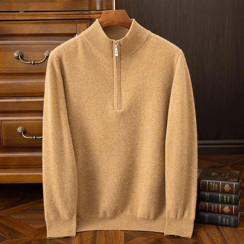 Autumn and Winter New Collection (100% Cashmere) Men's Casual Half Zipper Half High Collar Solid Color Casual Sweater for Men