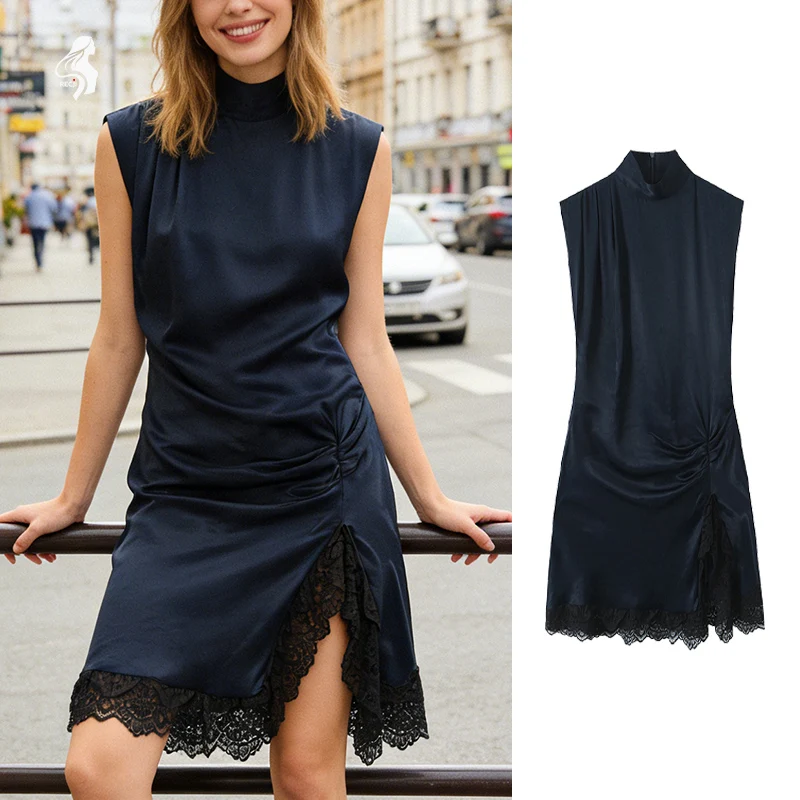 ชุดเดรสผู้หญิง ชุดเดรสผ้าซาตินหรูหราสำหรับผู้หญิง คอสูง แขนกุด แต่งระบายลูกไม้ที่ชายกระโปรง เหมาะสำหรับฤดูใบไม้ร่วง ฤดูหนาว ใส่ทำงานและออกเดท