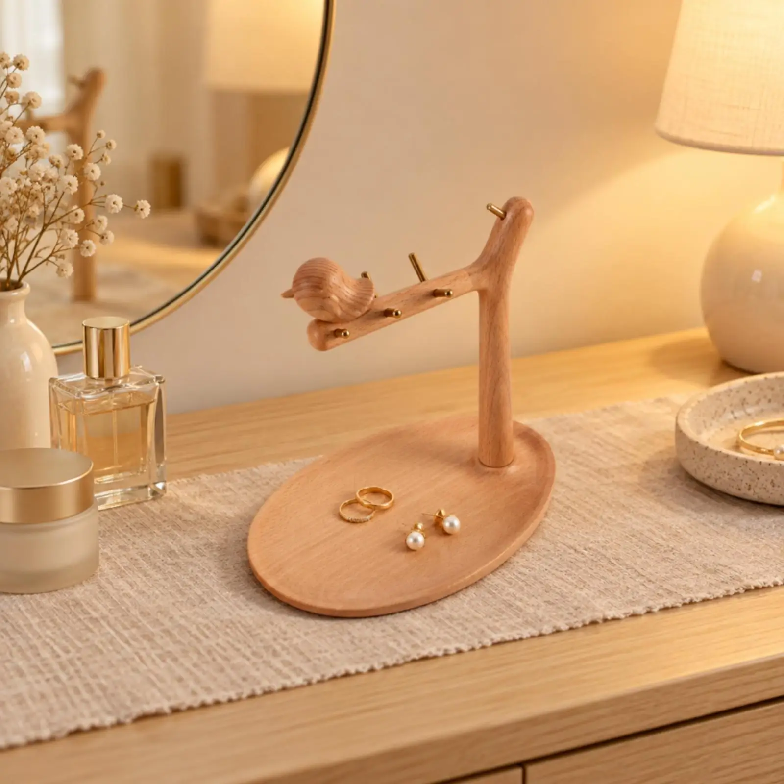 Multifunctional Beech Wood Key Rack Stand with Elliptical Tray for Small Accessories Daily Essentials