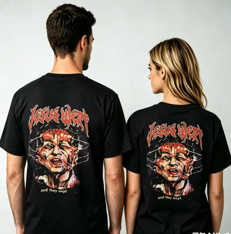 2026 new Neutral style black round-neck with vintage portrait pattern printed on the back loose and comfortable cotton T-shirt