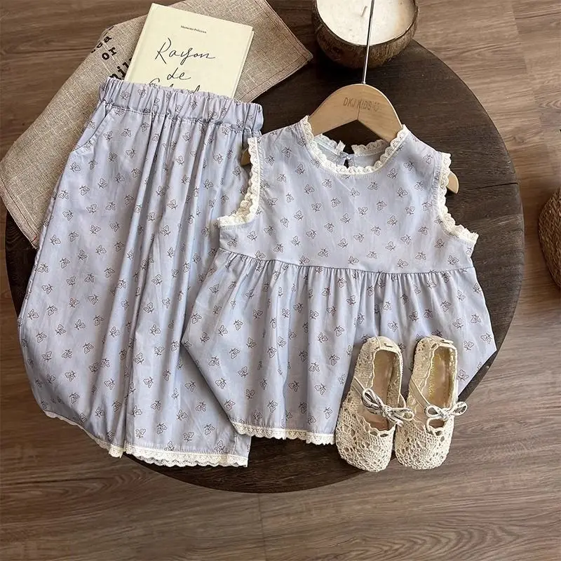 Girls' Summer Dress Set Stylish 2025 New Collection Children's Girl Clothes Baby Girl Wide Leg Pants Two Piece Set