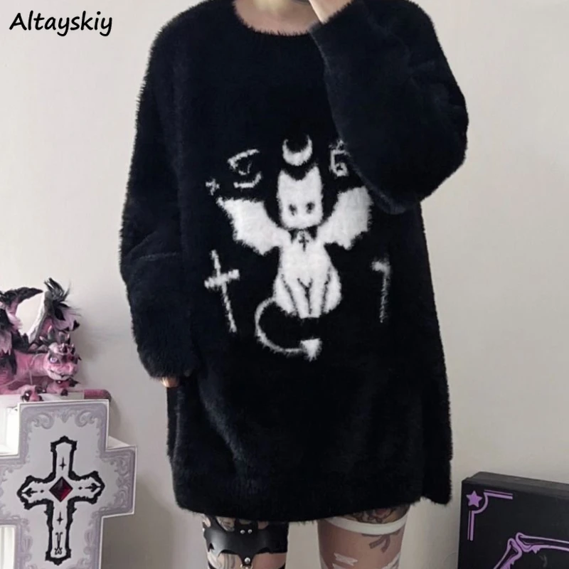 

Black Gothic Devil Cat Sweater Pullovers Women Winter Y2k Clothes Harajuku Cute Fluffy Keep Warm Loose Knitted Tops Streetwear