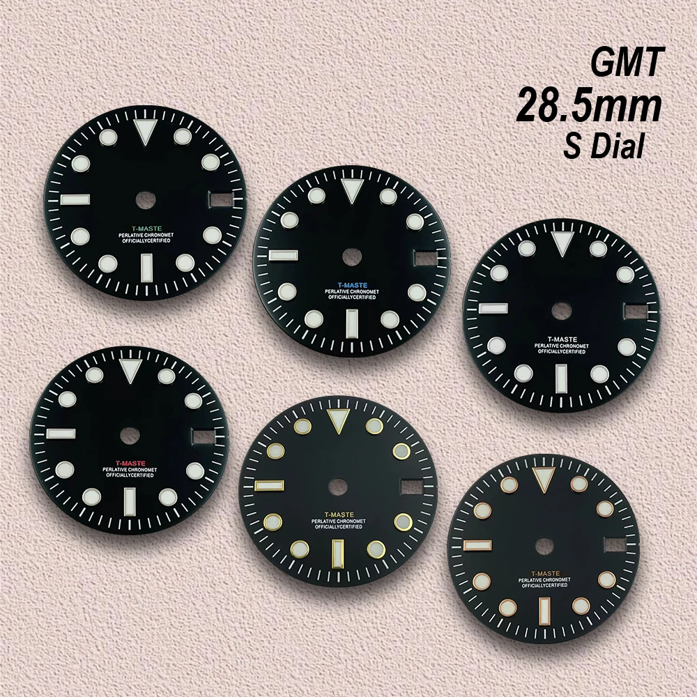 28.5mm Black GMT Print S Dial Fit NH34 Japanese Movement Ice Blue Luminous Watch Modification Accessories