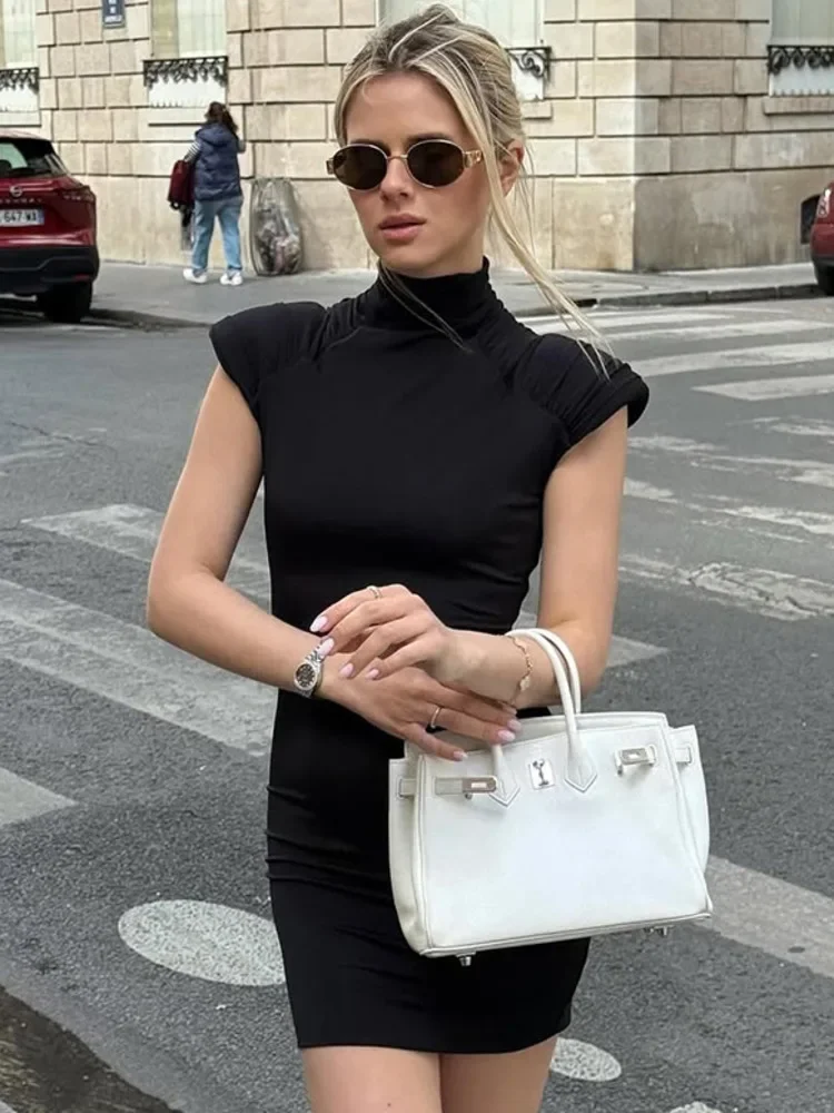 Col roulé sans manches Sexy Mini robe pour les femmes mode solide fermeture éclair froncé moulante Club fête débardeur robes femme