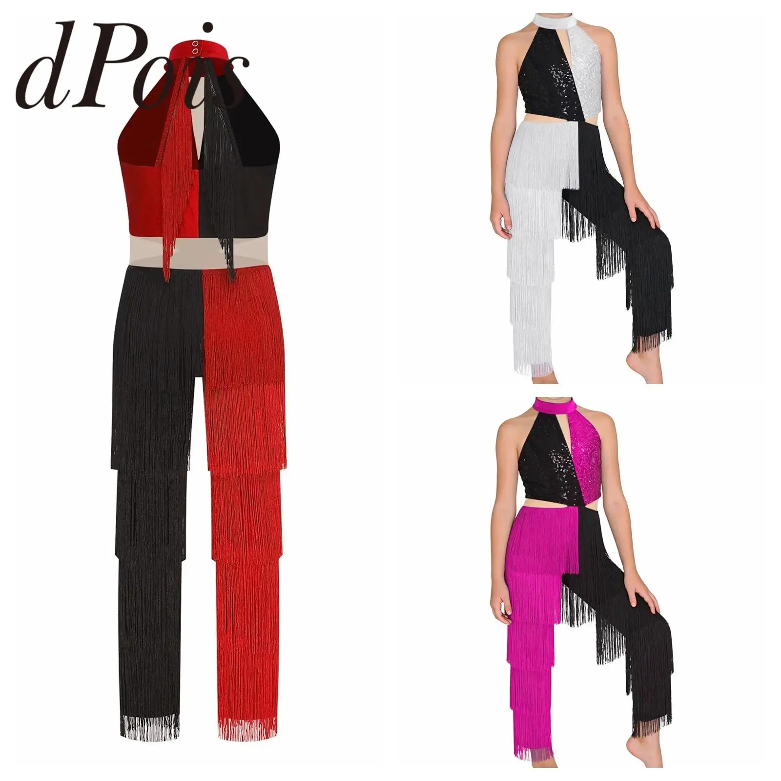 Halter Jumpsuit Girls Sequin Tassel Latin Dance Costume Sleeveless Bodysuit Childs Disco Party Romper Kids Performance Dancewear