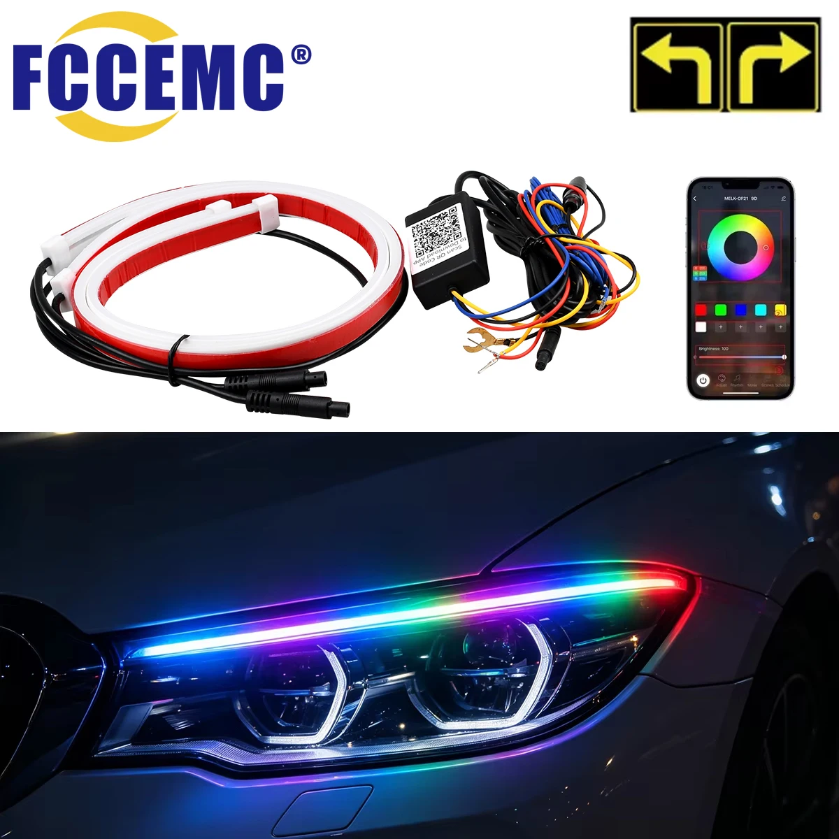 RGB LED Start Scan Car Daytime Running Light Strip Sequential Turn Signal APP Control Flexible DRL Headlight Decorative Lamp 12V