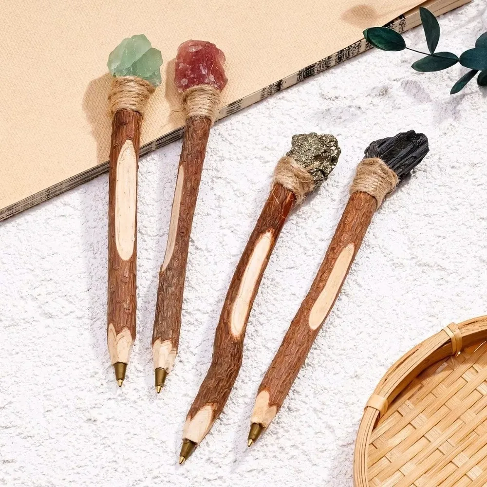 Unique Natural Rough Crystal Ballpoint Pen Wooden Log Craft Decorative Crystal Wand Pen Handmade Writing Pen Stationery Gift