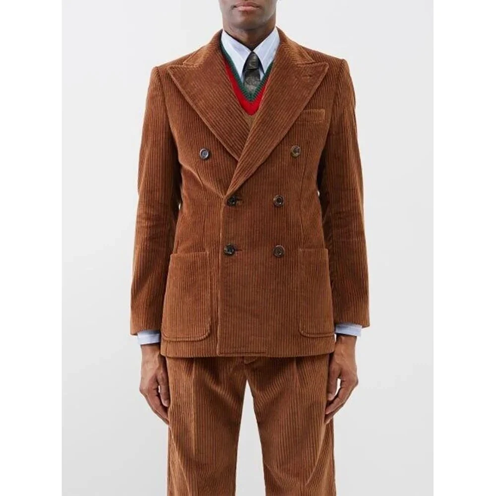 

Brown Corduroy Men Suits 2 Pieces Double Breasted Peaked Lapel Male Daily Wear Business Groom Prom Custom Wedding Jacket Pants