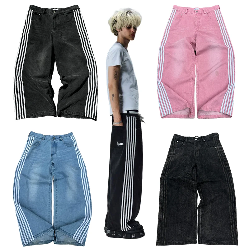 

Y2K Baggy Jeans Men Women Simple Striped Embroidered Harajuku Sweatpants Hip Hop Streetwear Casual Retro Wide Leg Denim Pants