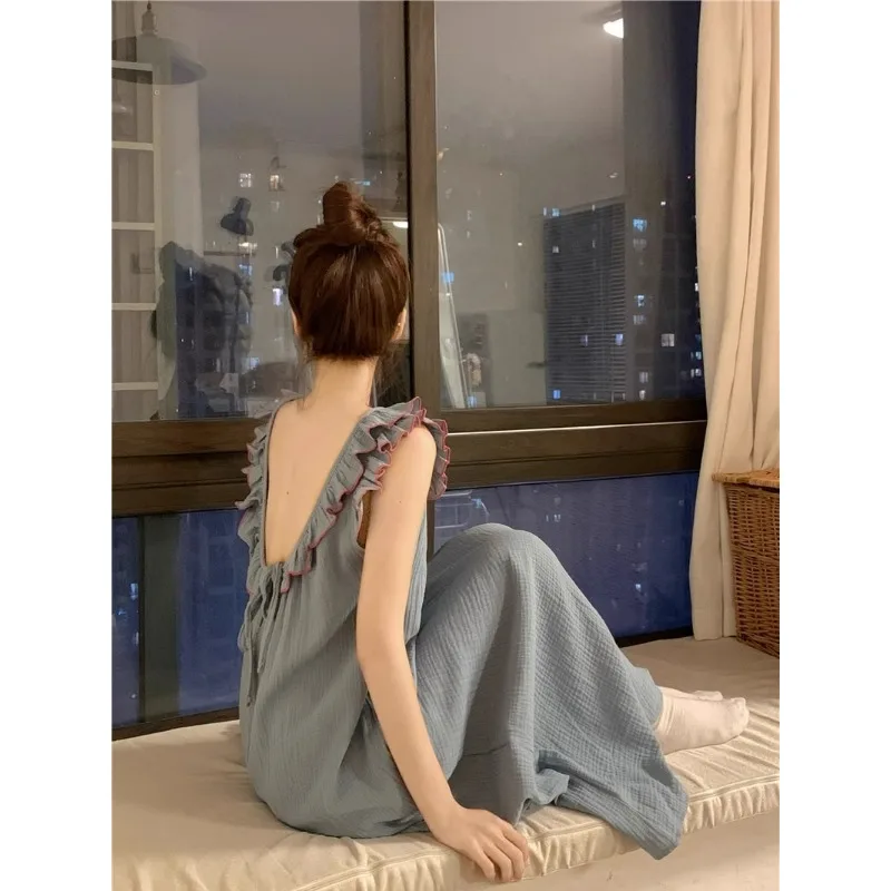 Women\'s Pajamas Dress Sexy Backless Nightgown Sleeveless Ruffles Loose Sleepwear Loungewear Ladies Solid Nightwear Homewear