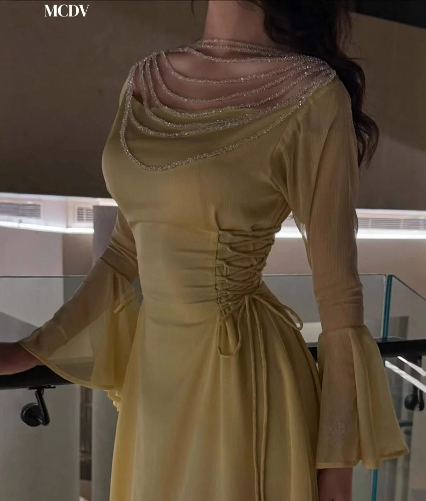 Customized Graceful Chiffon A-Line Off the Shoulder Sequined Beading Evening Dress Delicate Boat Neck Long Sleeves Party Gowns