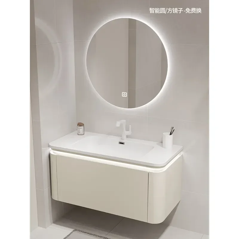 Nordic Style Ceramic Integrated Basin Bathroom Cabinet Solid Wood Oak Painted Vanity Unit with Washbasin and Toilet