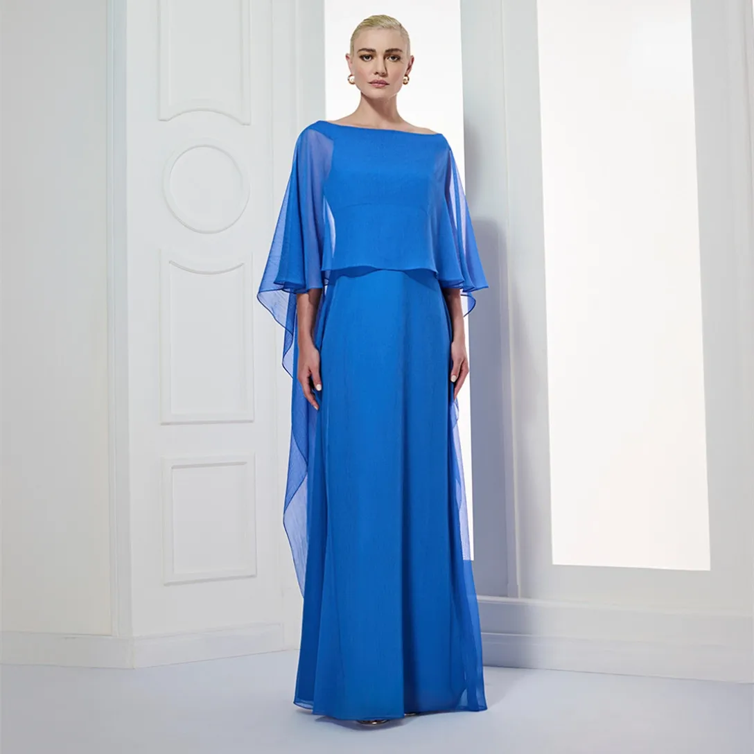 

Customized Long Royal Blue Mother of the Brides Dresses with Ruffles Sheath Chiffon Floor Length Godmother Dresses for Women