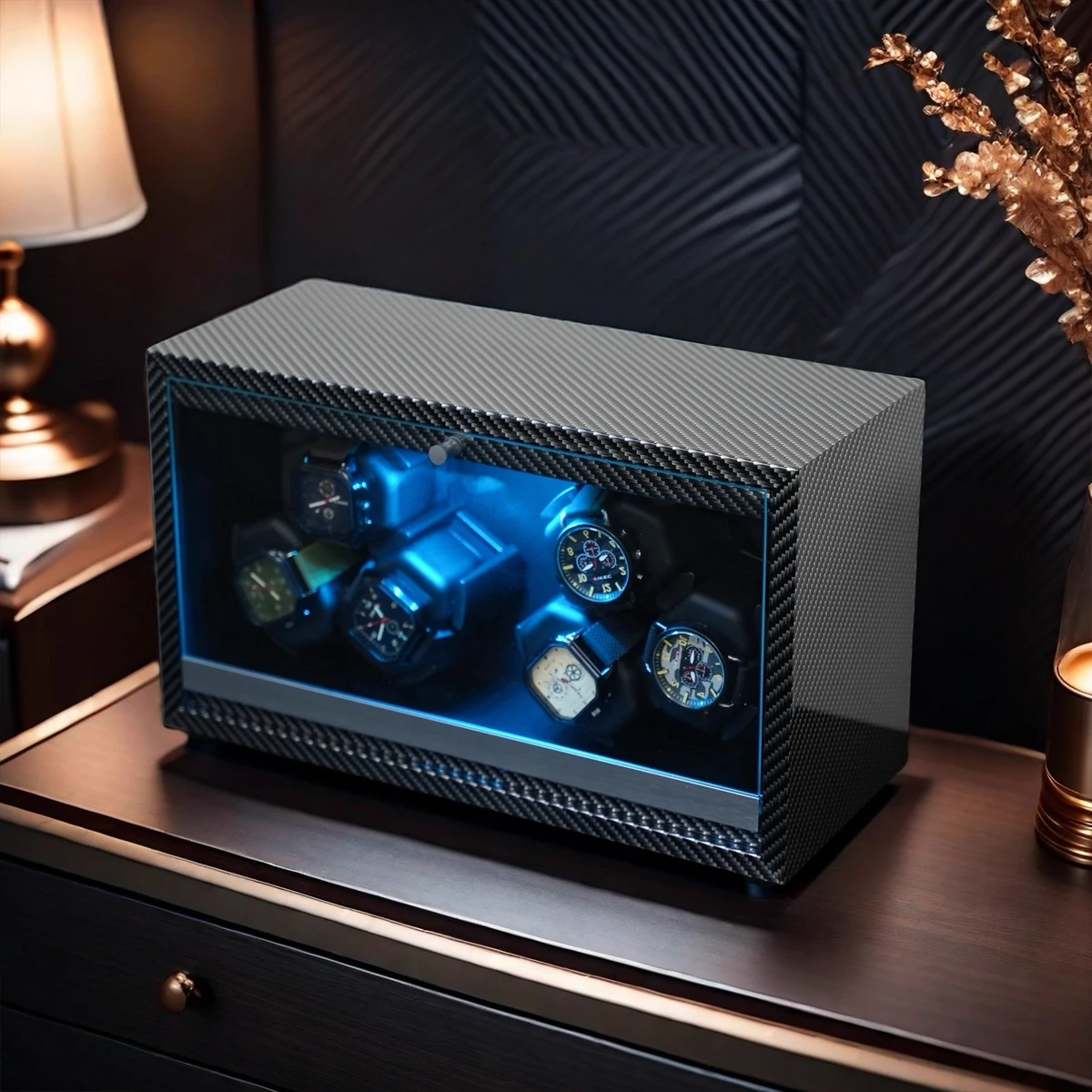 New Watch Winder for Automatic Watches 6 Slots Watch Shaker Wooden Box Super Motor Blue LED Light Jewelry Store Display Box