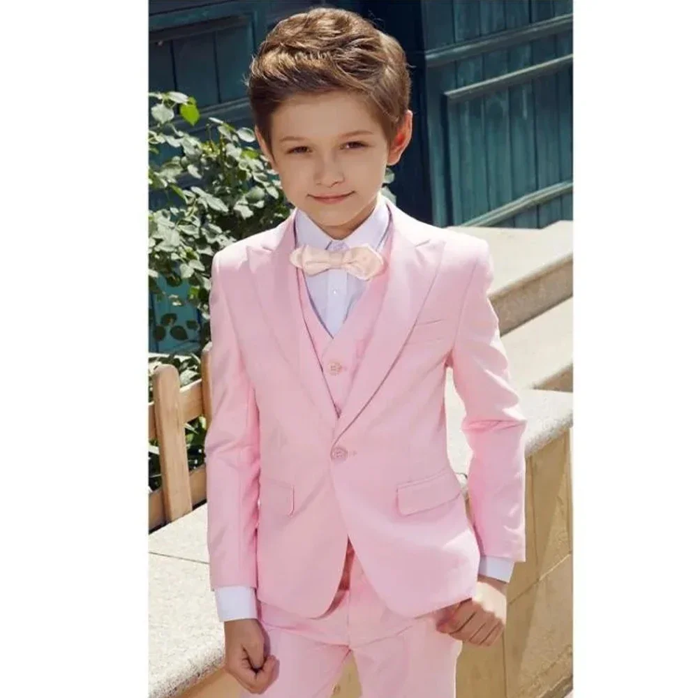 

Classic Boy's Suit Set Tuxedo 3-Piece Pink Peaked Lapel Wedding Kids High Quality Luxury Blazer Vest Pants Elegant Full Slim Fit