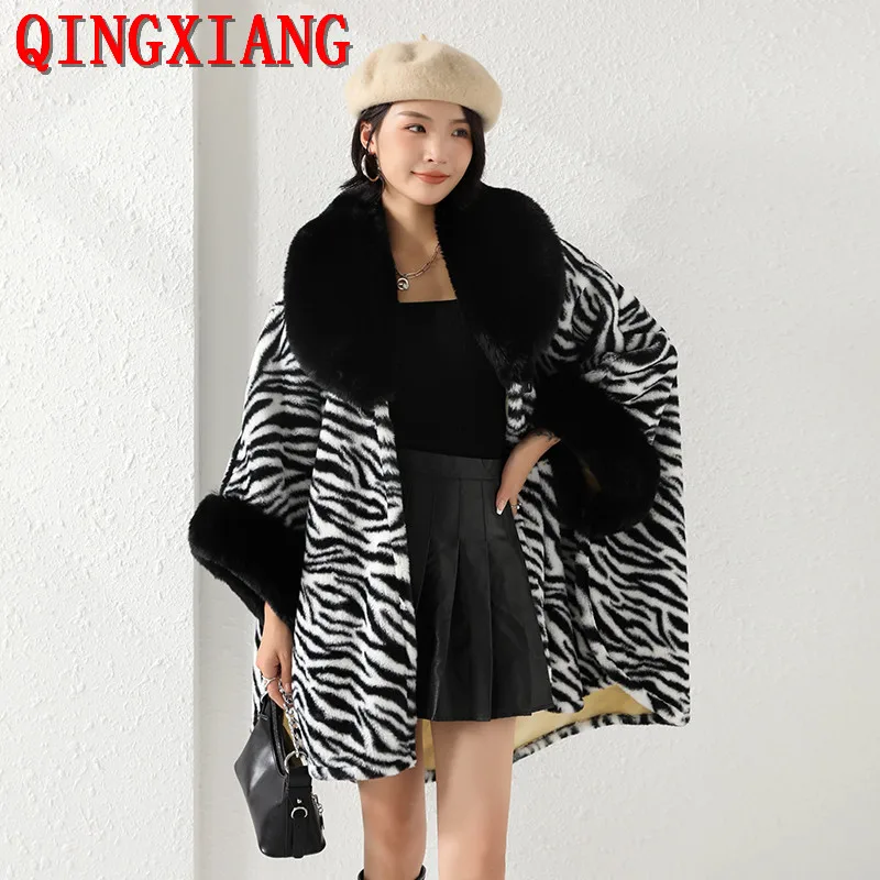 4 Colors Lady Loose Faux Fur Woolen Leopard Capes Women Winter Warm Thicken Batwing Sleeves Loose Cloak Streetwear Overcoat