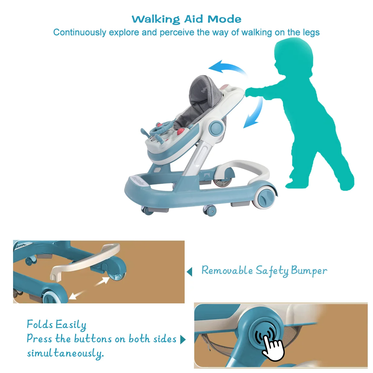 Trotteur d'activité pliable pour bébé, marcheur à pousser avec plateau d'alimentation amovible et plateau à musique pour bébé de 6 à 18 mois