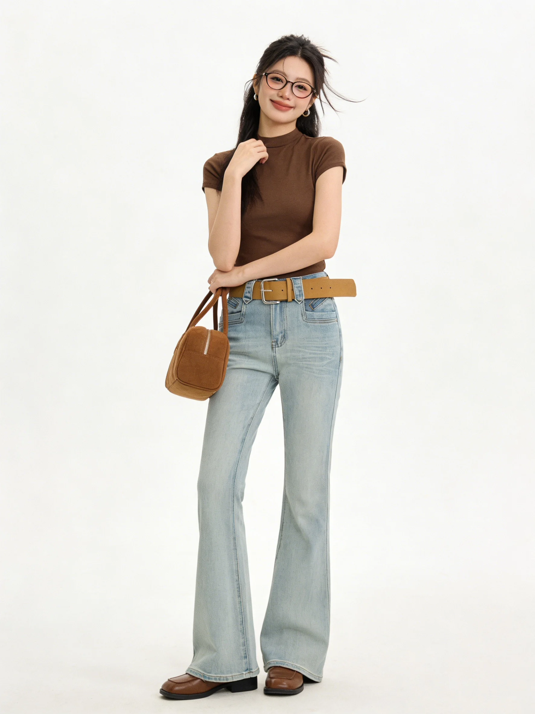 

Spring High Waist Slim Fit Micro Flared Jeans Women Anti Aging Korean Style Slimming Versatile Light Blue Bell Bottom Pants