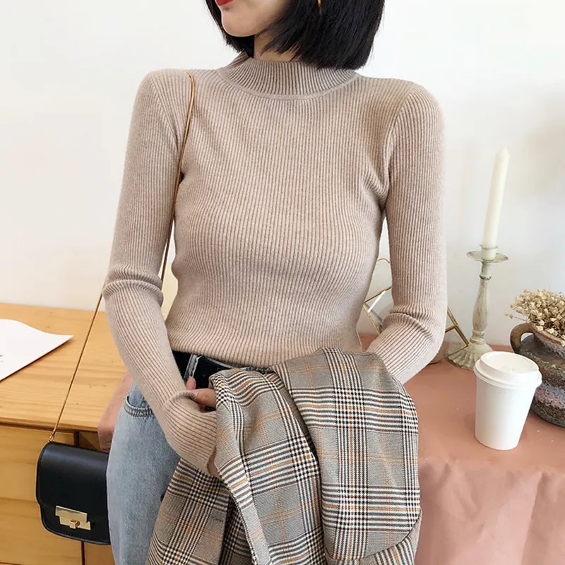 Women Autumn Slim Half High Collar Sweater Long Sleeve Warm Knitwear Pullovers Solid All-Match Winter Bottoming Sweaters