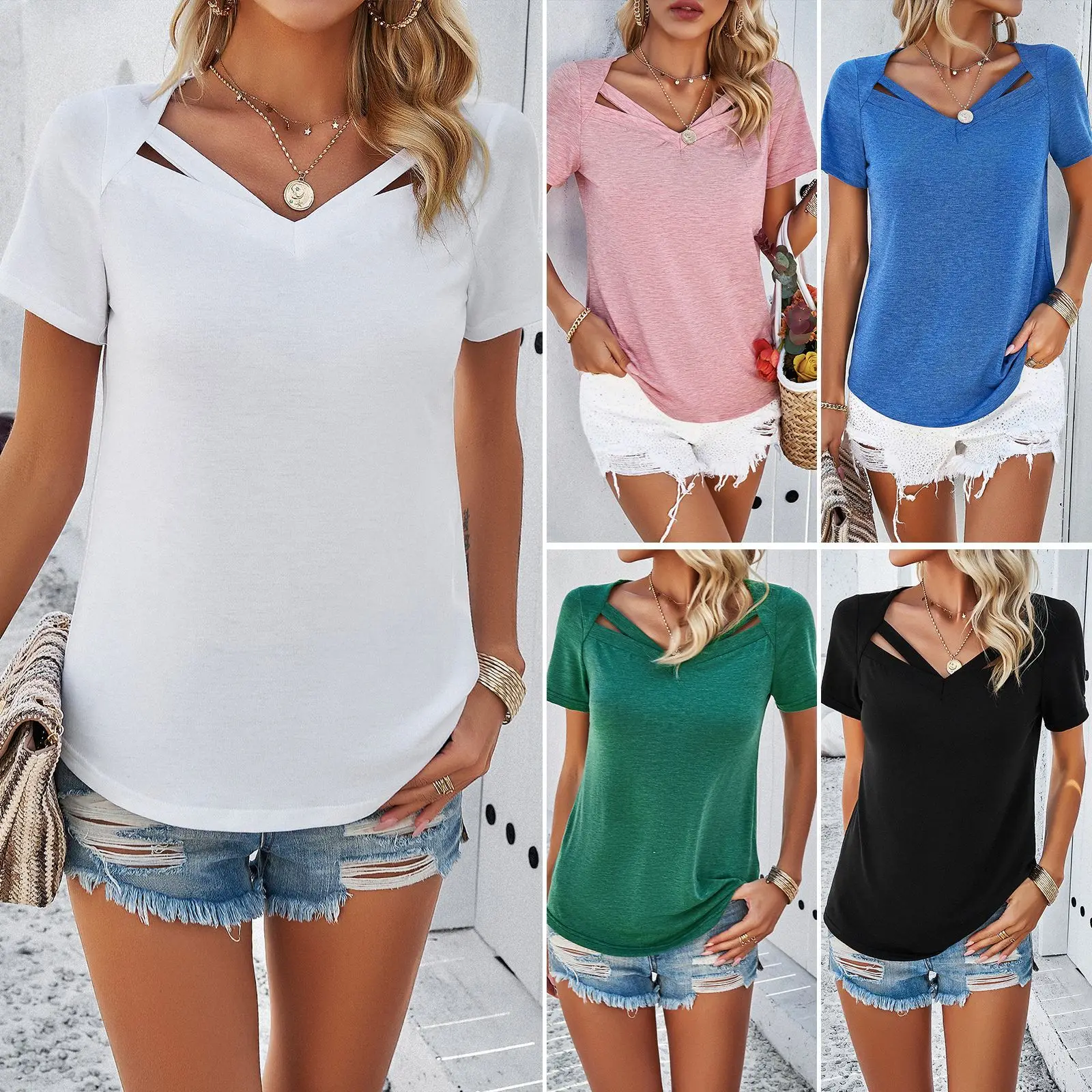 

Diyun Cross-border Amazon Women's Clothing Spring And Summer Foreign Trade Casual Solid Color Short Sleeve V-Neck T-Shirt