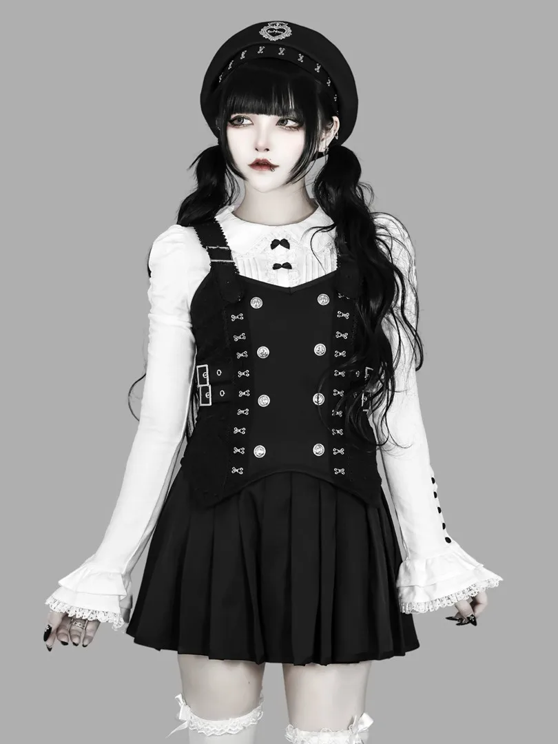 Japanese Harajuku Gothic Double Breasted Suspender Skirt Tie Back Bow Lace Multi-button Fake Two-piece Suspender Dress with Hat