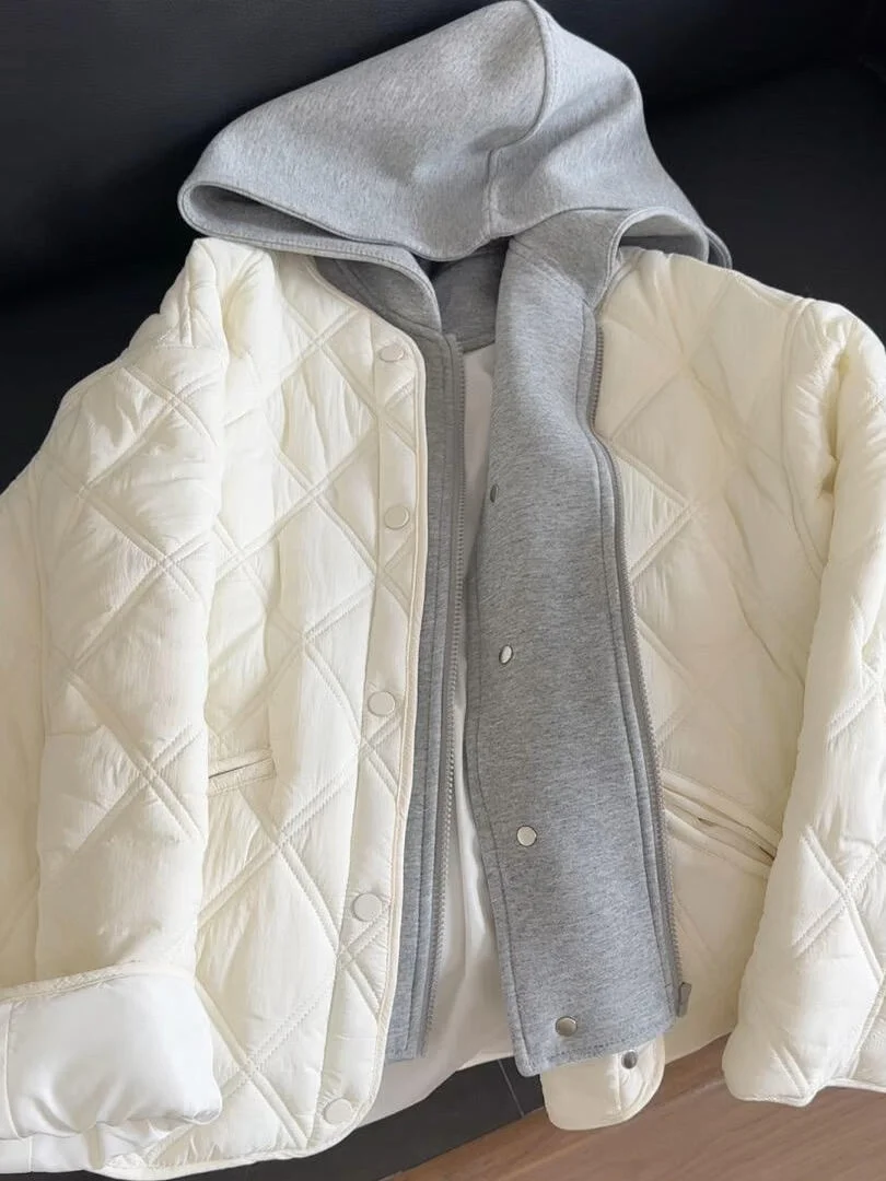 

Winter Large Size Diamond Stitch Pure Color Detachable Hat Sweatirt Cotton Jaet Artistic Loose Fit Long Sve Zipper Clo...