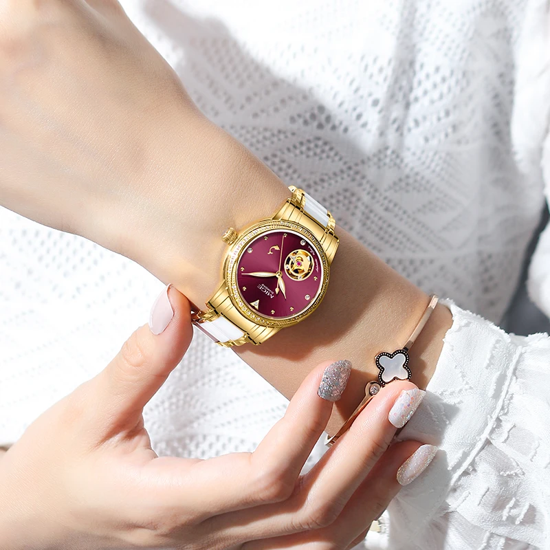 MIGE 여성용 스켈레톤 오토 시계 골드 화이트 세라믹 - Skeleton Mechanical Watch 리뷰 및 가격