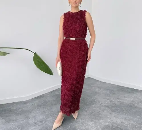 여름 라운드넥 민소매 플리츠 우아한 드레스, 장미 데칼 장식, 패셔너블하고 우아한 여성 드레스