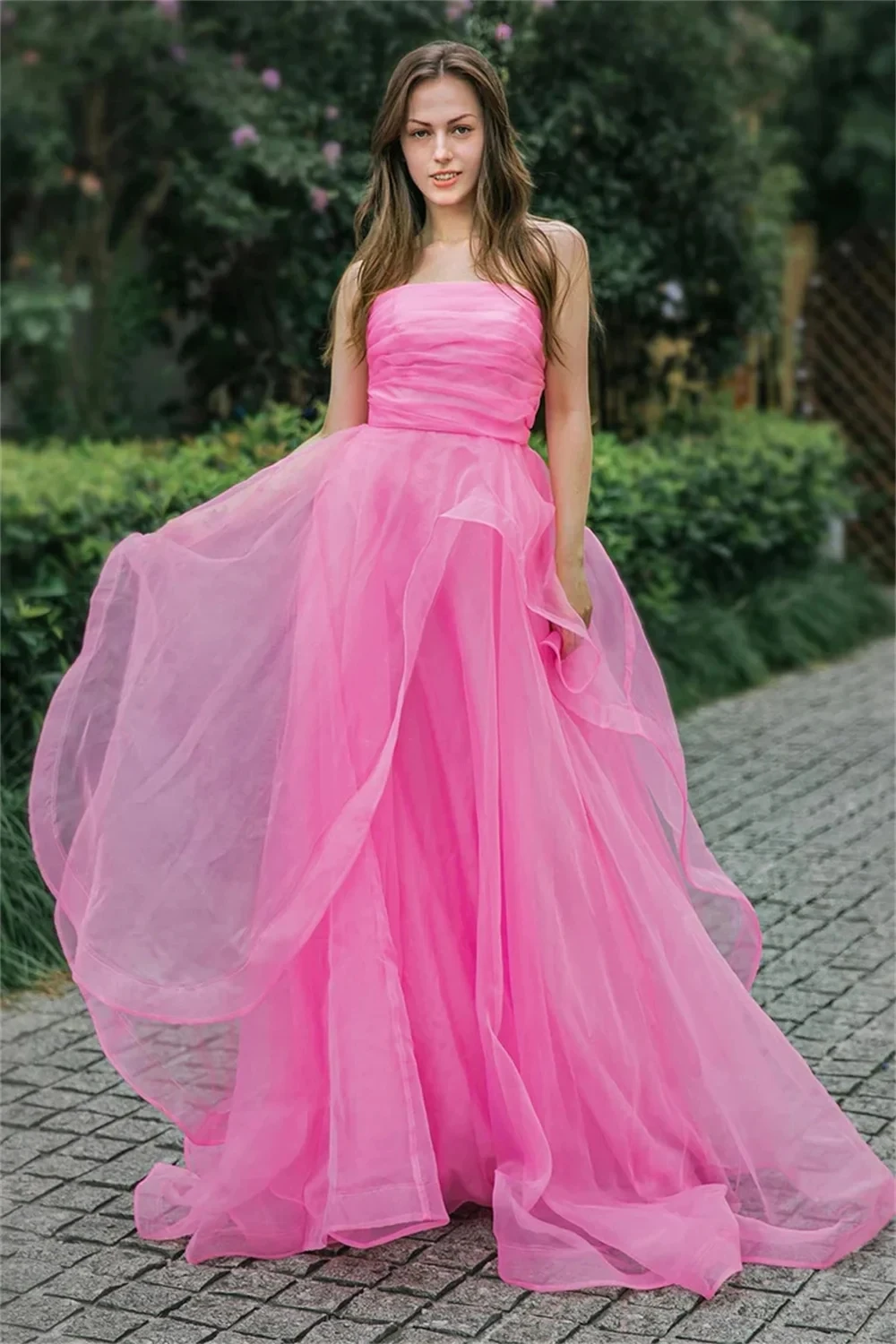 Fnoexw Tulle Pink Strapless Ruffles Prom Dress Sparkling Debut Party Formal Evening Dressفساتين للحفلات الراقصة Robes De Soirée