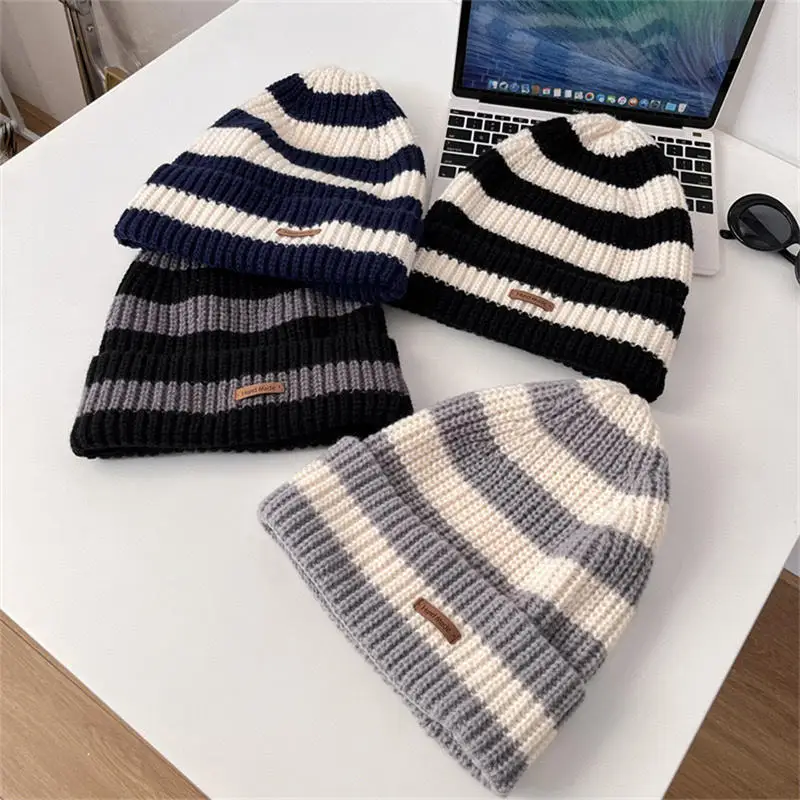 Winter Knitted Hat Thick Thread Striped Knitted Hat Loose Big Head Warm Hat Versatile Stacking Cap Fashion Clothing Accessories