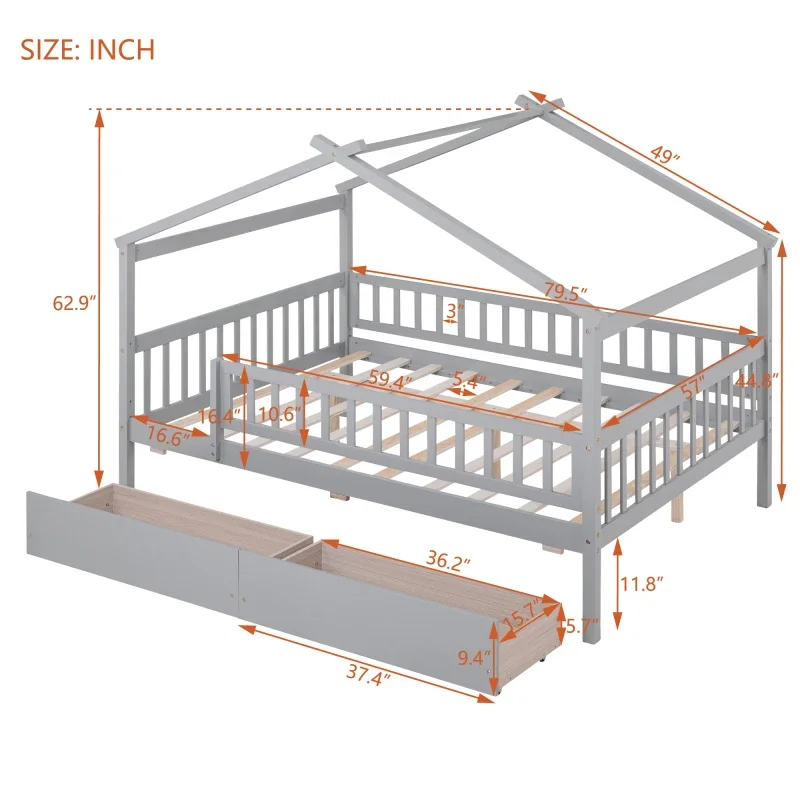 Casa de madera de tamaño completo, cama con dos cajones, gris