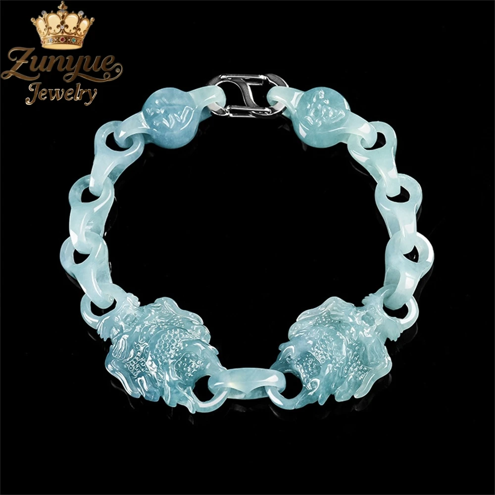 

Natural A-Grade Jadeite Blue Water Powerful Double Dragon Interlocking Bracelet Luxury Quality Jewelry Charms Fashion Jewelry