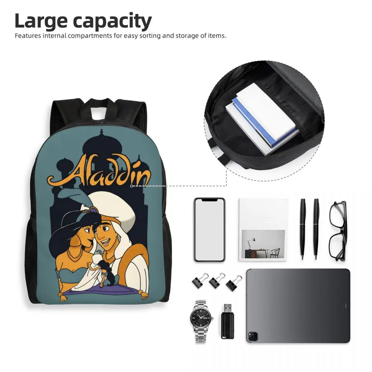 Mochila de viaje personalizada de Aladino para hombres y mujeres, mochila escolar para ordenador, película de fantasía Musical, mochila para estudiantes universitarios