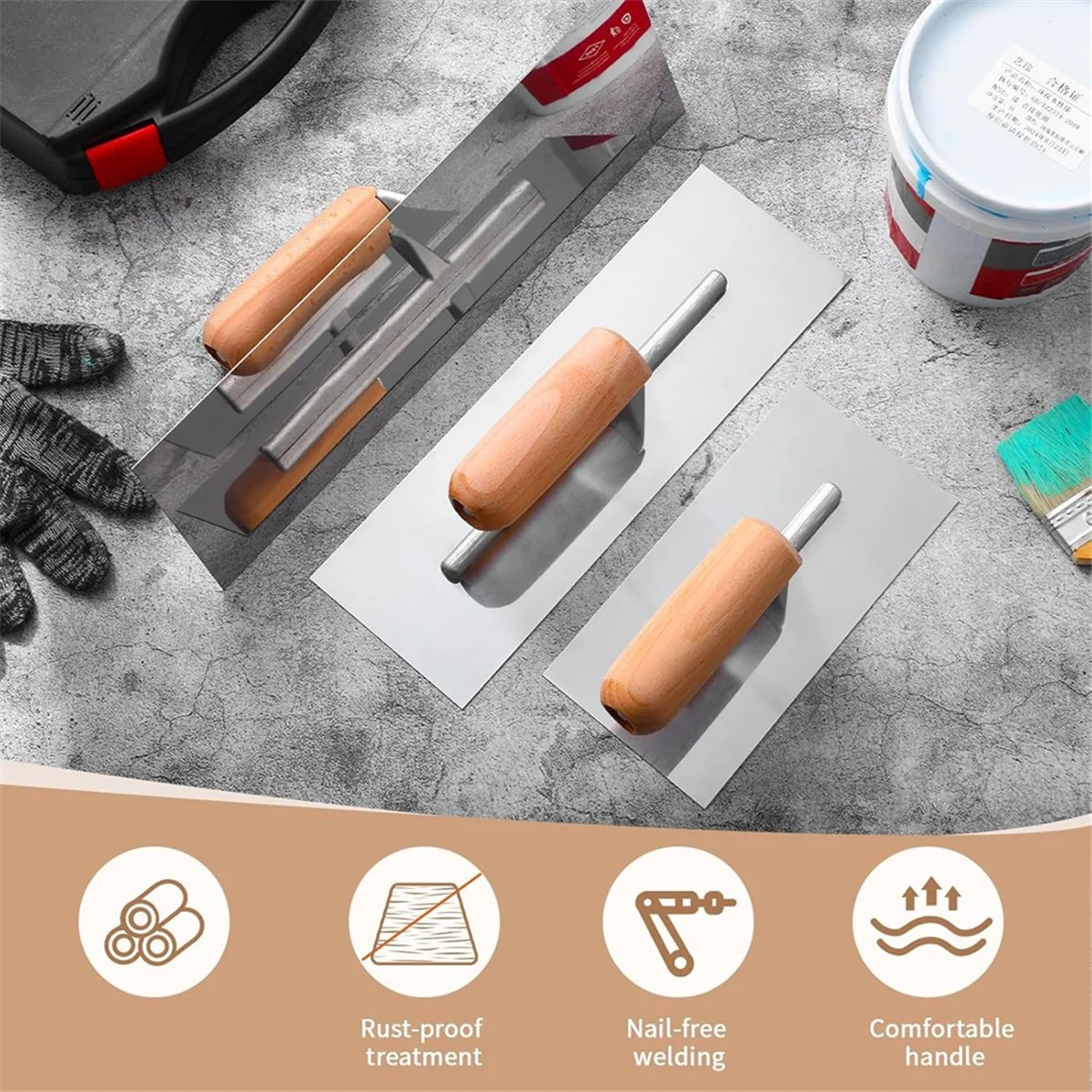 A83Z 3 Piece Drywall Trowel, Masonry Trowel Set -Wooden Handle, for Concrete Cement Plastering Construction Tool