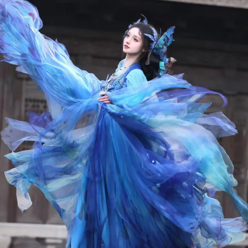 Cy[Blue Flash Butterfly]Zisong Hanfu Women's Super Immortal Heavy Industry Embroidery Big Sleeve Improved Strap Skirt National