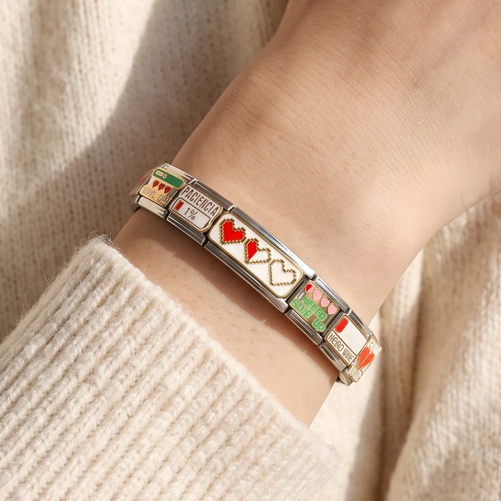 Lustige Batterie-Energie-Herz-Italienische Charms-Elemente passend für 9mm Edelstahlarmbänder, DIY-Perlen, Modeschmuck, Geschenk für Damen und Herren – Detail 2