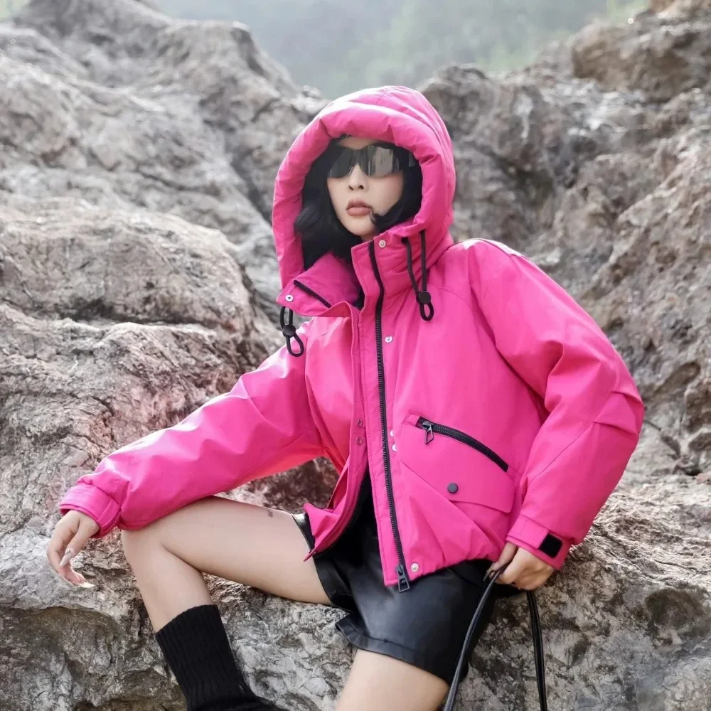 Chaqueta Parke de plumón de pato ligero impermeable para mujer nueva ropa superior de invierno para mujer chaqueta acolchada corta gruesa y esponjosa con capucha