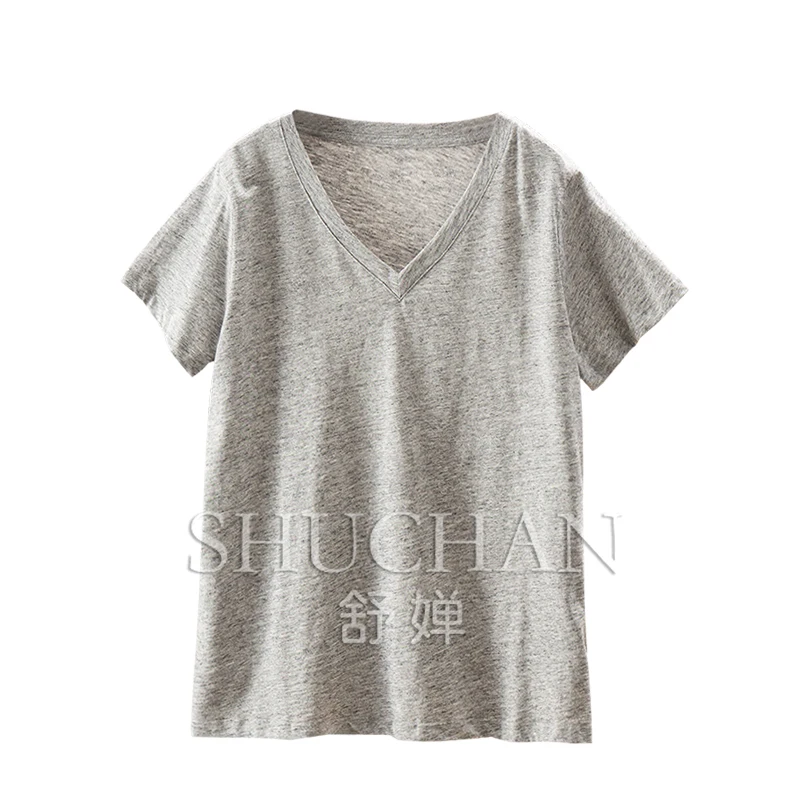 

Высококачественная женская футболка из хлопка Xinjiang с v-образным вырезом и короткими рукавами, Blusas Mujer De Moda 2025