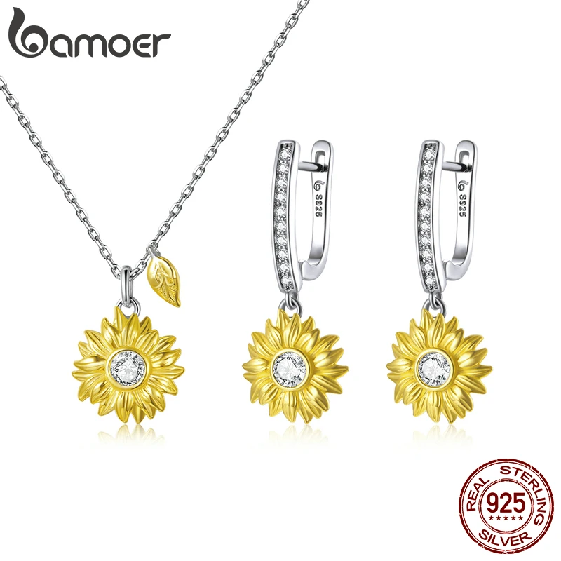 BAMOER Silver Sunflower Jewelry Set 925 Sterling Silver Gold Color Lucky Necklace Earring Gift for Women Fashion Jewelry  ZHS222