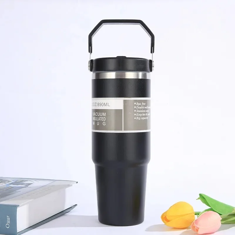 890ml Portable Car Cup Stainless Steel Thermos Cup with Straw Travel Sports Water Bottle With Handle Cover Coffee Vacuum Flask