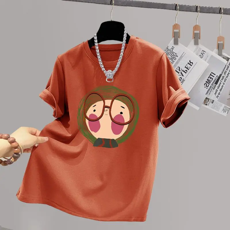 Women Cartoon Printed O-neck T-shirt Summer Basic Pure Cotton Chic Y2k Short Sleeve Tops Comfortable Breathable Top Tees