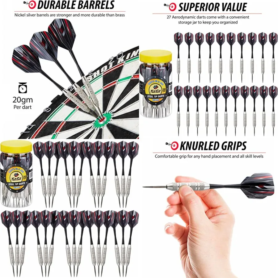 

Fat Cat Darts Set in a:Steel Tip Darts Storage/Travel Container, 20 Grams Pack of 15, 21 and 27 Darts