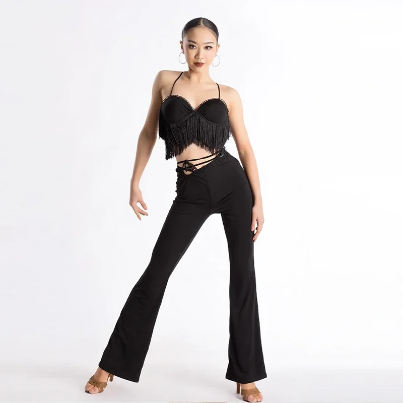 

2024 Summer New Latin Dance Dress Adult Sling Spliced Tassel Tops Women's Latin Training Wear Ballroom Performance Suit XH135