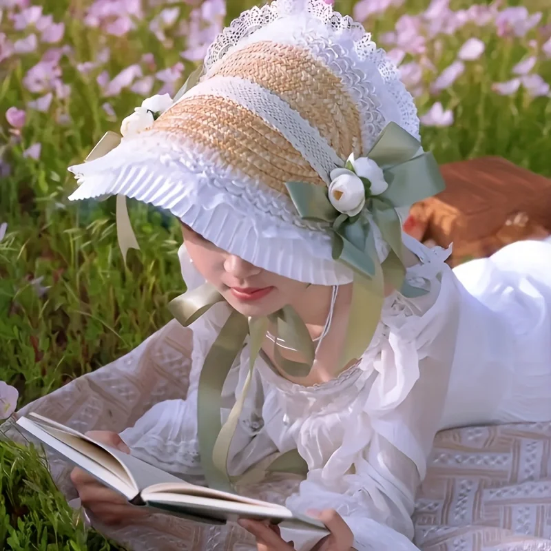 

Retro adjustable straw hat with lace bow and floral decoration - beige, purple and white colorful design, suitable for rural sty
